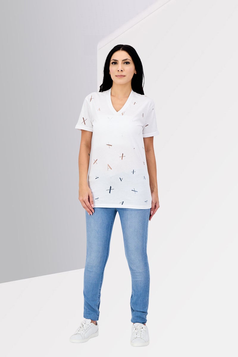 armani AX Armani Exchange Women V-Neck Short Sleeve Textured T-Shirt, White - Image 4